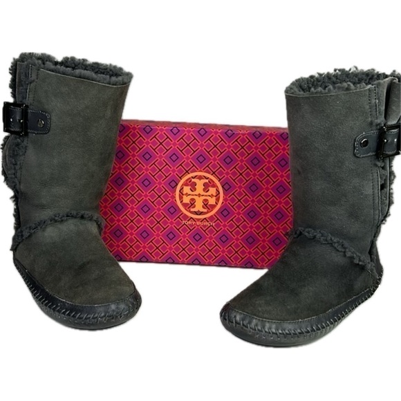 Tory Burch Moccasin Style Suede Shearling Boots with Buckles - Picture 1 of 13
